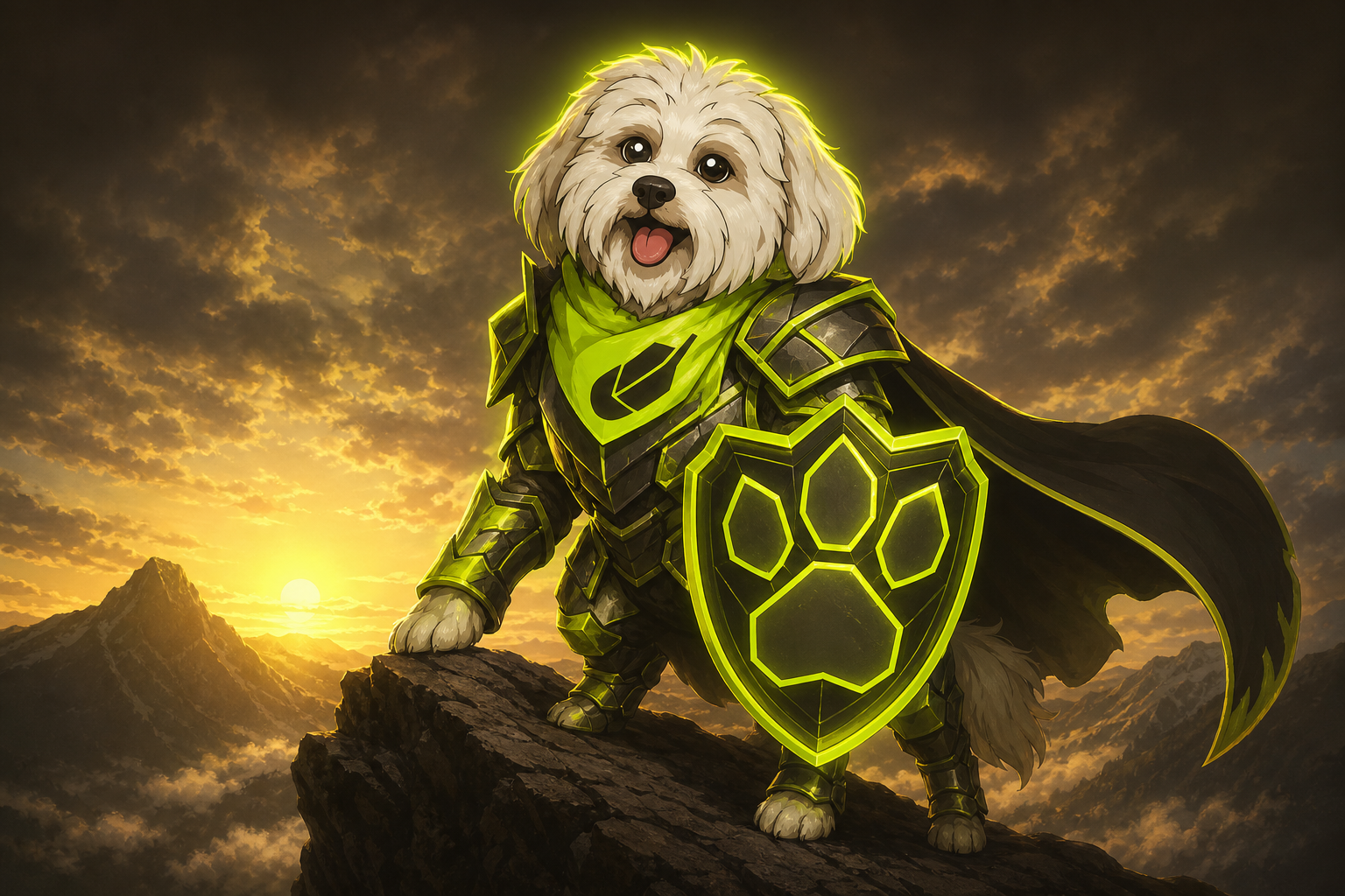 Brodie in neon armor with paw shield